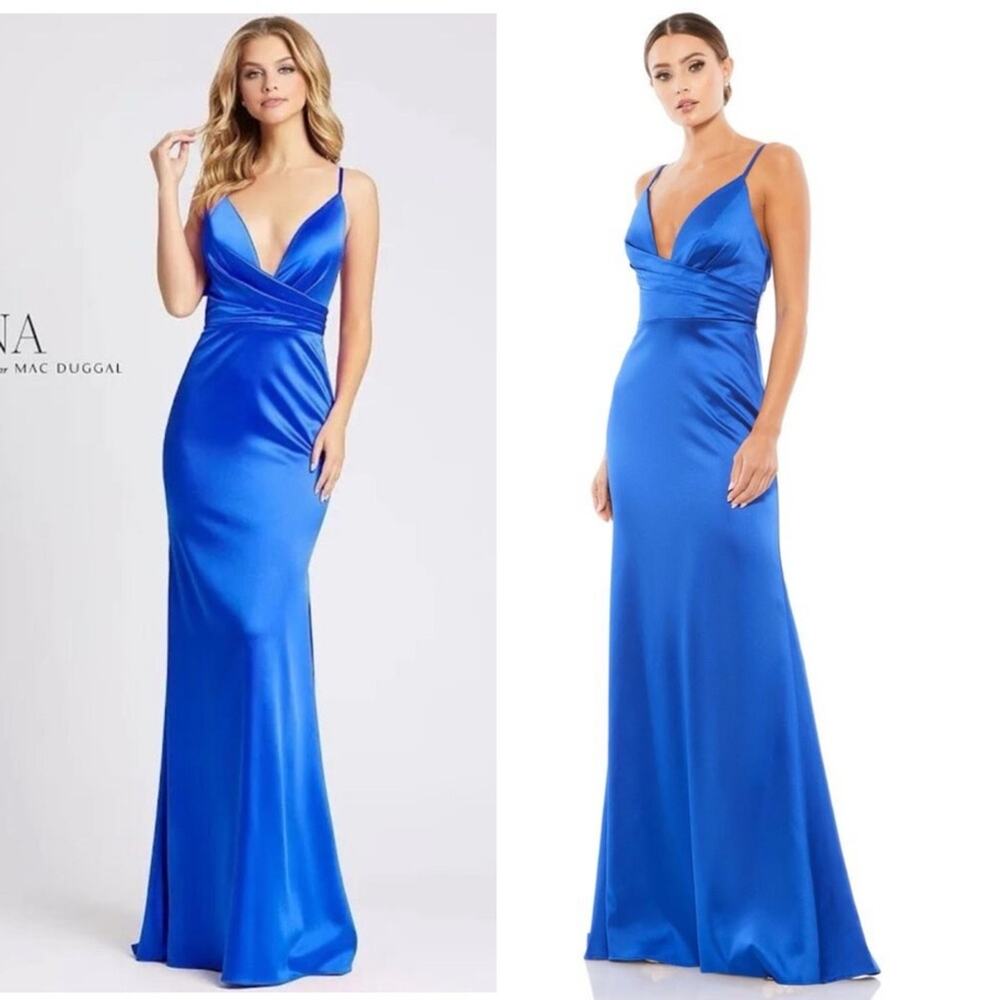 Mac Duggal Royal Blue Satin V-Neck Maxi Dress